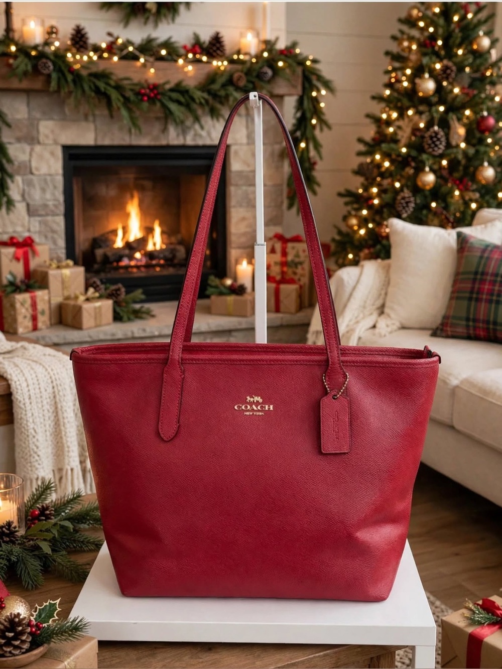Coach Red Saffiano Leather Tote with Gold Logo